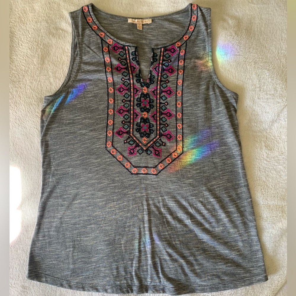 Colorful Boho Embroidered Gray Sleeveless Top